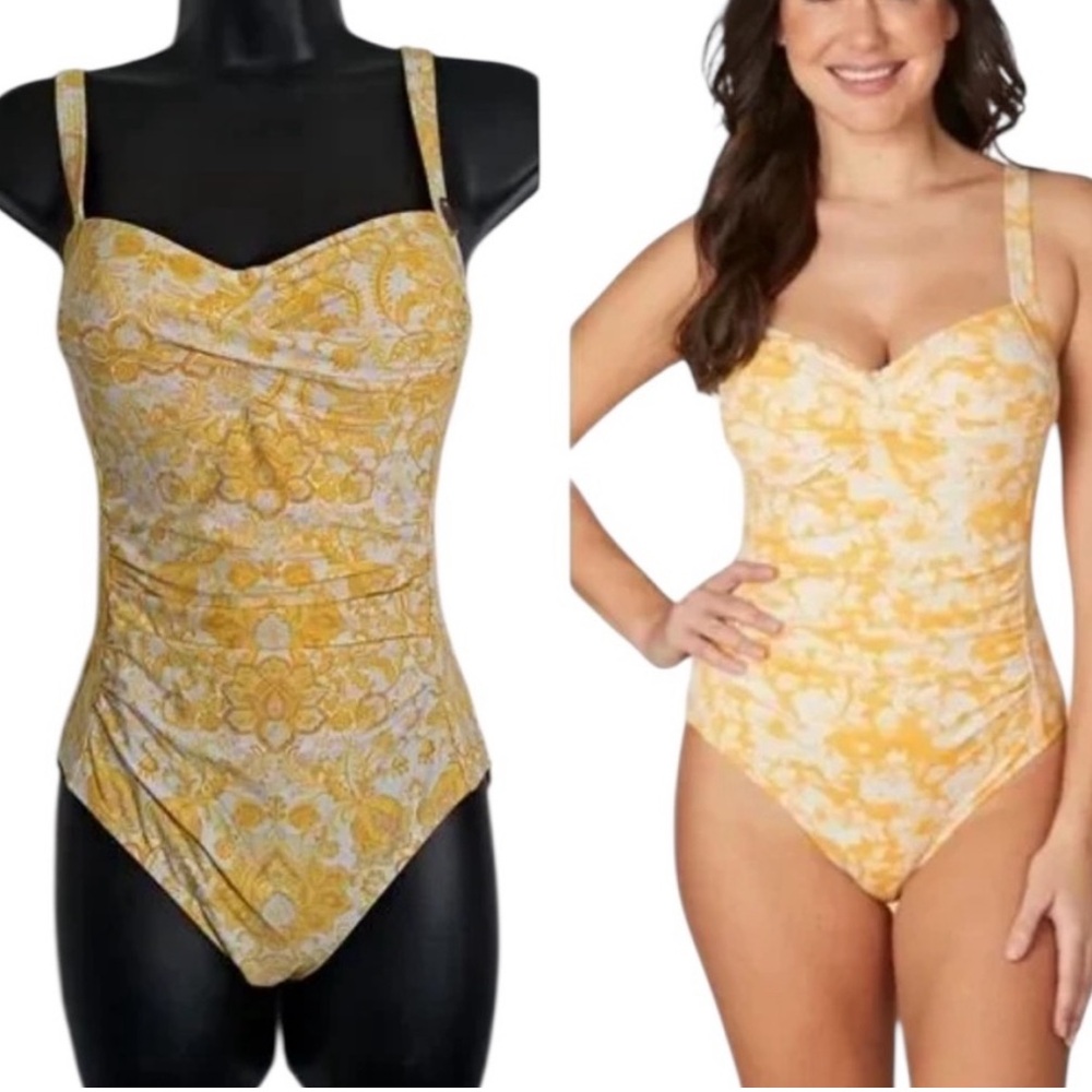 NipTuck Swimwear Gold Yellow White Floral One Piece Joanne Swimsuit US 12
